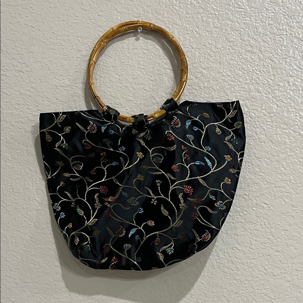 Satin Floral Fabric Small Handbag Purse Bamboo Handles Zip Close Retro Black